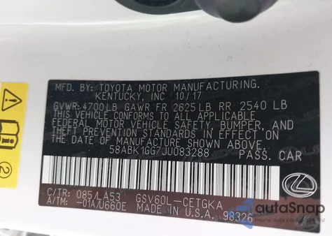 2018 Lexus Es 350 z USA, uszkodzony, nr VIN 58ABK1GG7JU083288